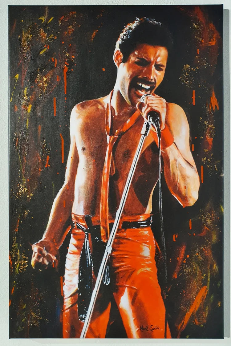 Freddie Mercury. Hand-colored print on canvas. 55x85 cm.