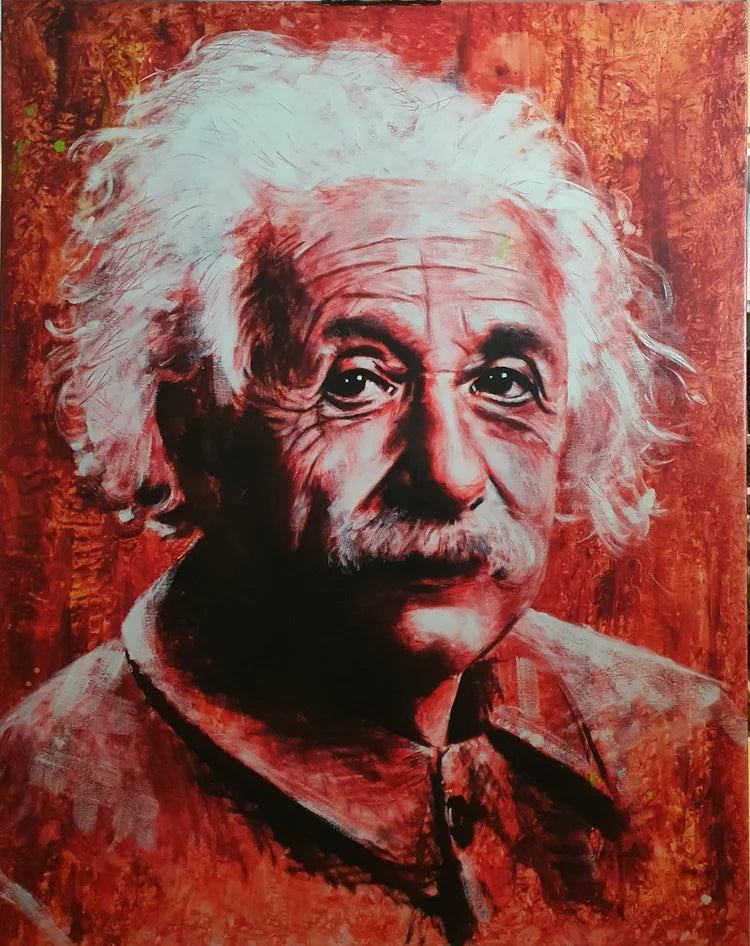 Albert Einstein, hand embellished canvas print by Marit Spilde, 75x95 cm