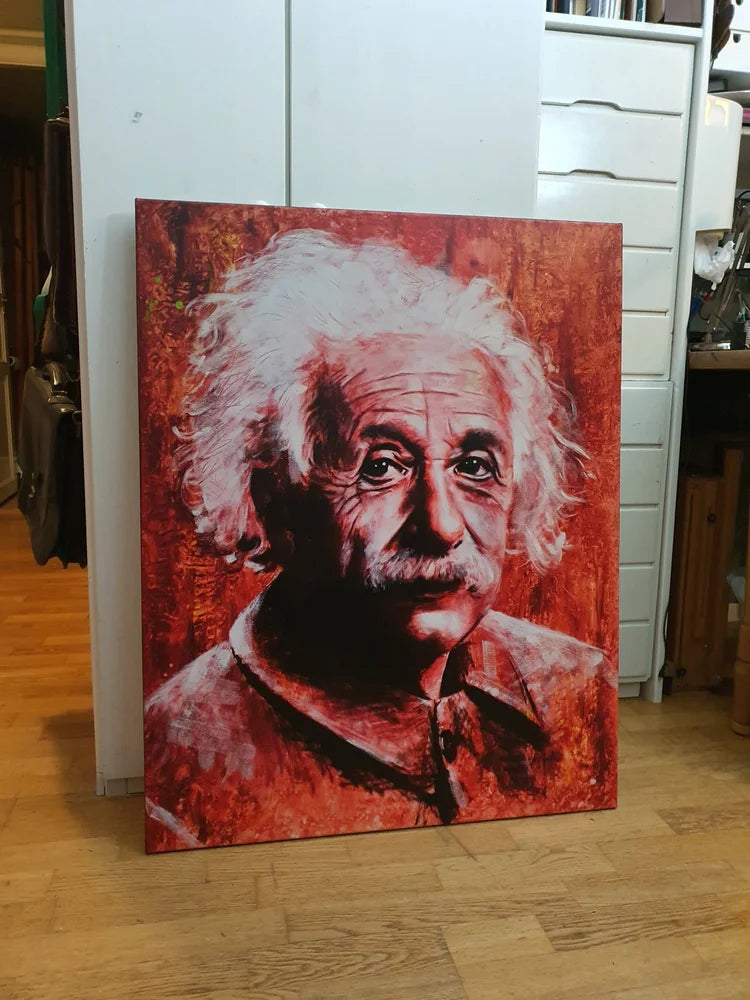 Albert Einstein, hand embellished canvas print by Marit Spilde, 75x95 cm