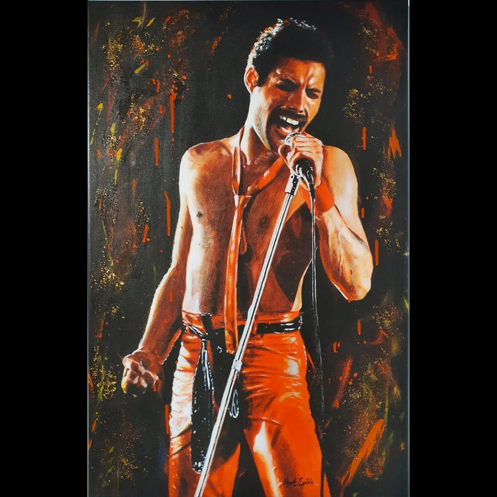 Freddie Mercury. Hand-colored print on canvas. 55x85 cm. 